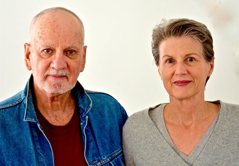  Peter Plagens and Laurie Fendrich, standing side by side, portrait.