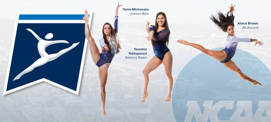 Gymnasts going to NCAA, pictured in athletics website "hero" banner