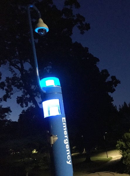 Blue-light, emergency call station, at night