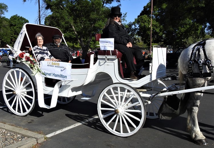 Janet Hamilton rides in horse-drawn carriage.
