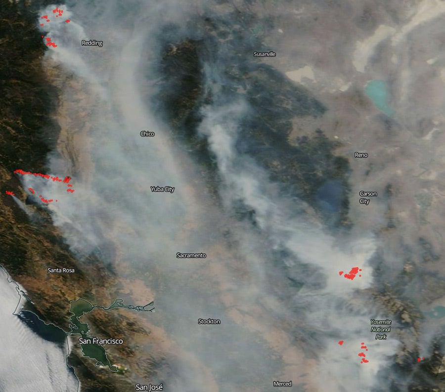 A view of wildfire smoke from space.
