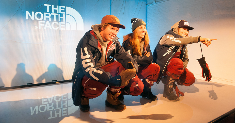 3 freeskiers in North Face uniforms for Olympics