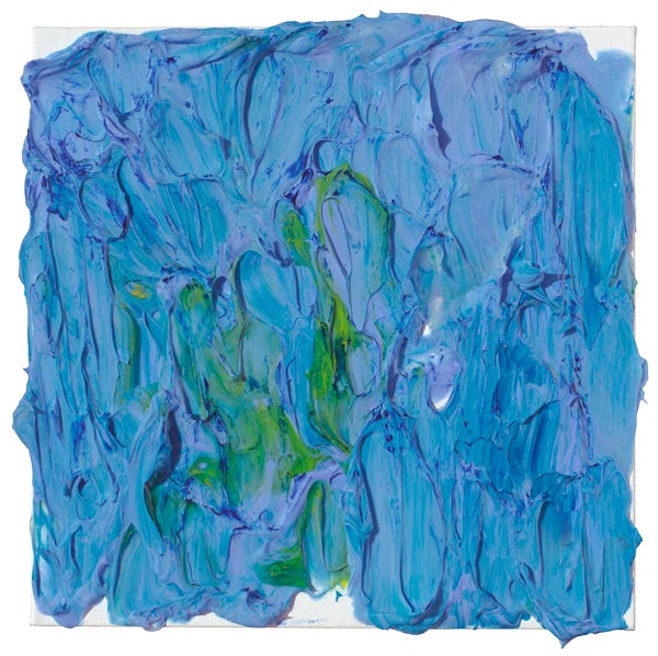 Susan Swartz painting, square of blue with touches of green