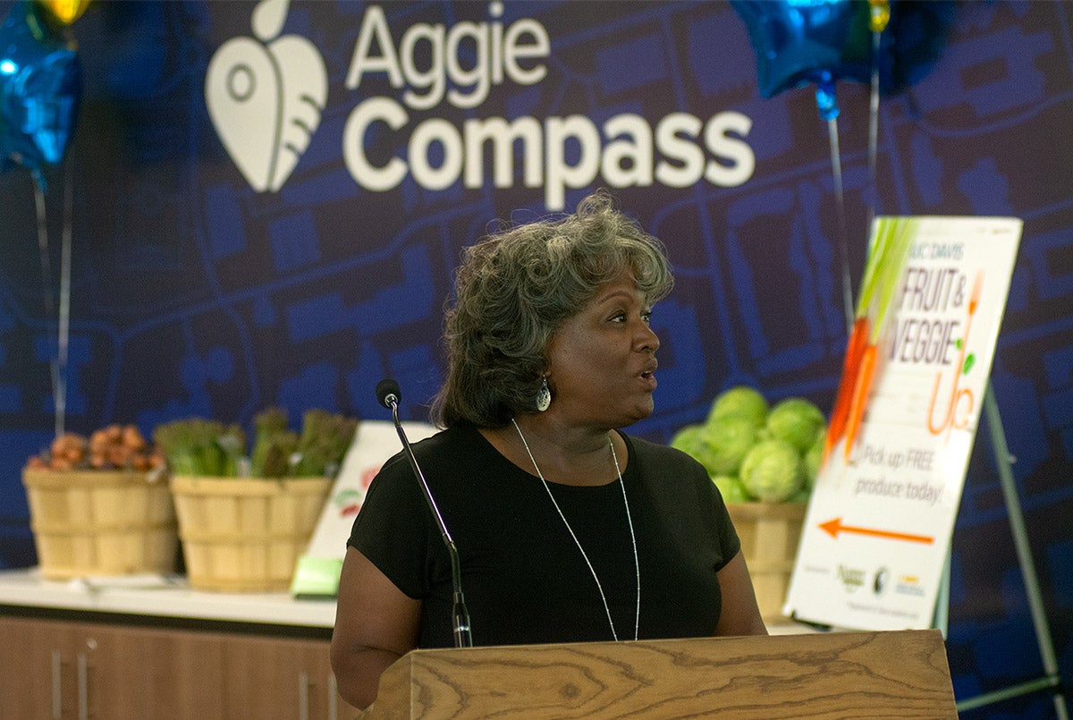 Emily Galindo speaks at Aggie Compass celebration at UC Davis.