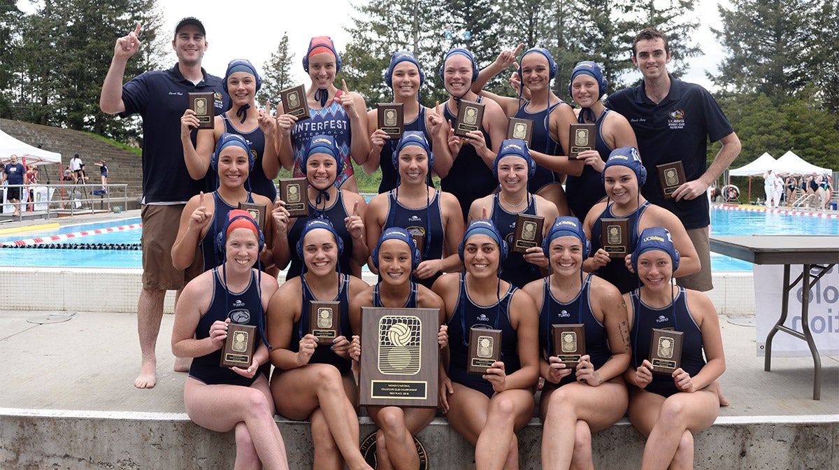 UC Davis women's water polo sport club after winning the 2018 Collegiate Water Polo Association championship.