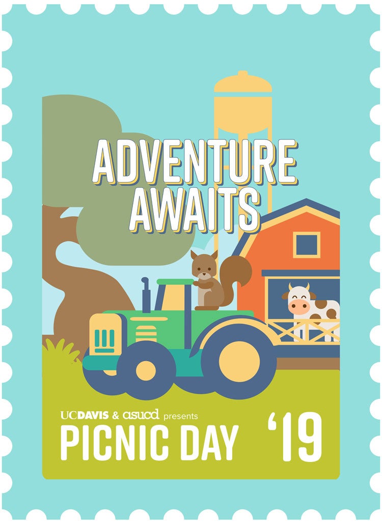 Picnic Day 105 logo, a drawing of barn and cow, tree and water tower, and a squirrel driving a tractor.