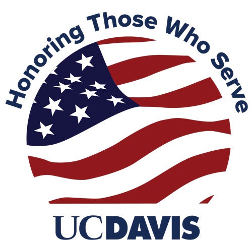  waving U.S. flag with wording, "Honoring Those Who Serve" and the UC Davis wordmark
