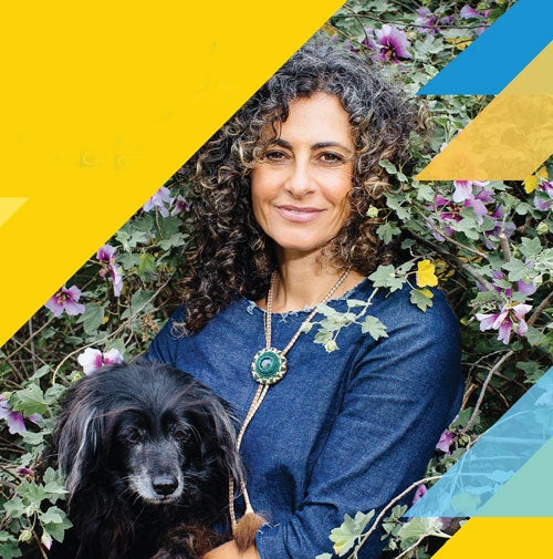 Open enrollment banner, cropped, showing woman and dog