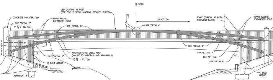 New bridge elevation (architectural drawing) showing arched steel element.