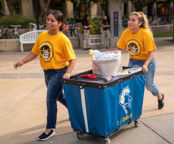 Student volunteers push a blue move-in cart.