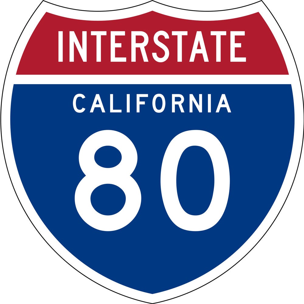 Interstate 80 shield sign, red, white and blue
