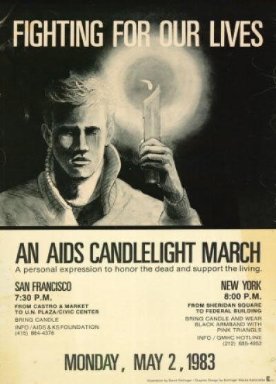 AIDS Candlelight March poster reads, "Fighting for Our Lives."