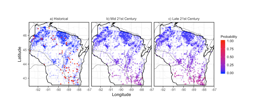 Maps of projected fish kills in Wisconsin lakes