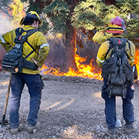 two firefighters stand looking at a wildfire flame