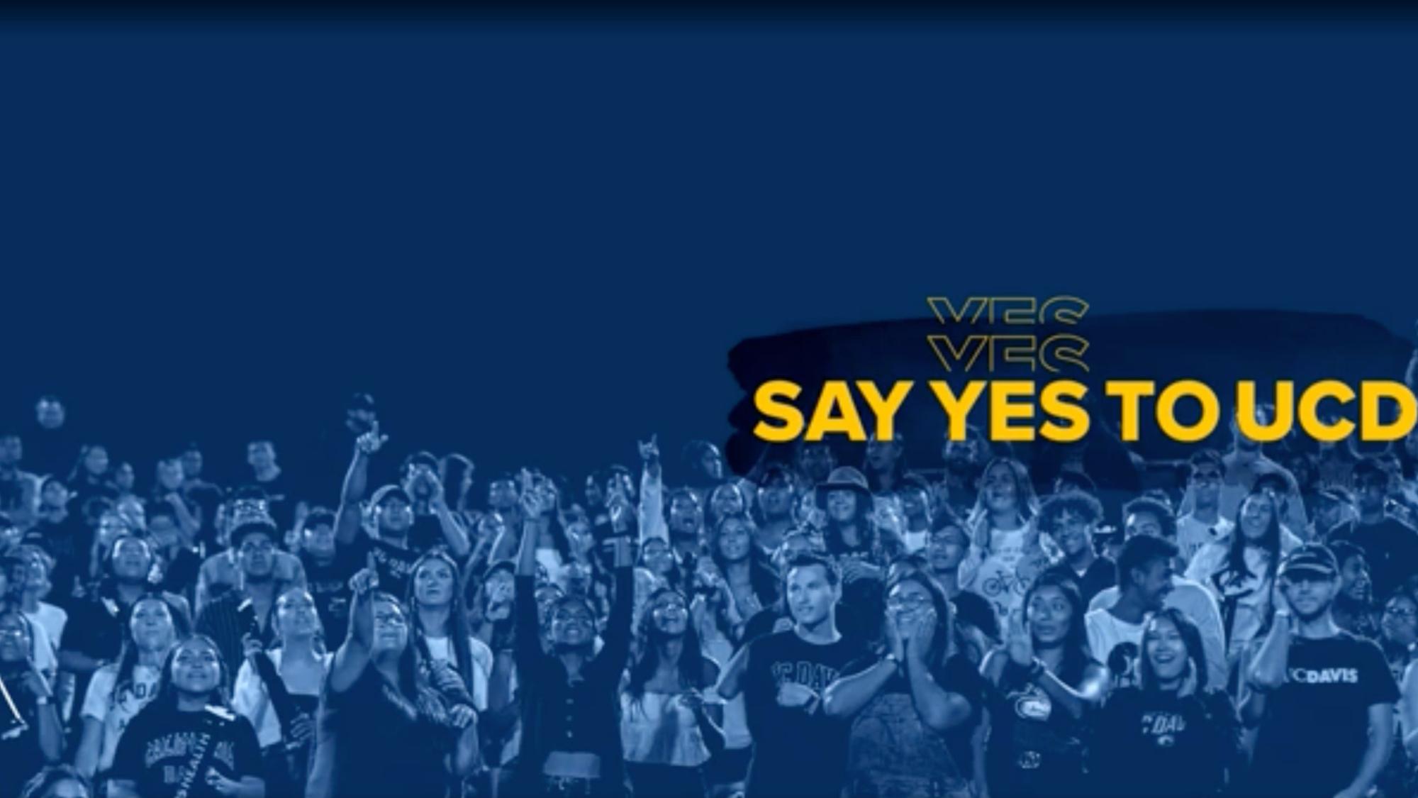 Large crowd of UC Davis students cheering at an event, tinted in blue, with bold yellow text reading ‘Say Yes to UC Davis’ over the crowd.