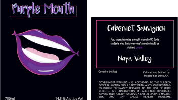 A black label with a purple-lipped laughing mouth. The label reads: Purple Mouth. 750ml. 14.5% Alc. by Vol. Cabernet Sauvignon. Followed by a description of the wine and a government warning.