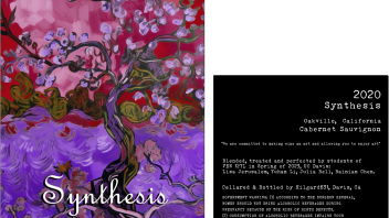 A wine label with pink, purple, and red art of a tree in bloom. The label reads: Synthesis. 2020. Cabernet Sauvignon. Followed by a description of the wine and a government warning.