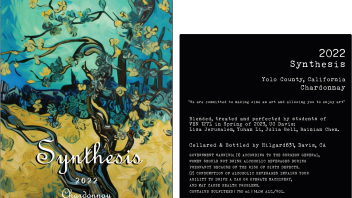 A wine label with fluid yellow, green and blue art of a tree in bloom. The label reads: Synthesis. 2022. Chardonnay. Followed by a description of the wine and a government warning.