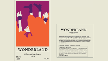 Wine label created by students. The image depicts a flat graphic of a falling Alice from Alice in Wonderland in dark pink and orange. The text reads: Wonderland. Cabernet Sauvignon 2020. 14.3% ABV. 750ml. This is followed by a description of the wine and a government warning.
