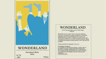 Wine label created by students. The image depicts a flat graphic of a falling Alice from Alice in Wonderland. The text reads: Wonderland. Sauvignon Blanc 2022. 14.7% ABV. 750ml. 95% of Sauvignon Blanc and 5% of Pinot Grigio. This is followed by a description of the wine and a government warning.