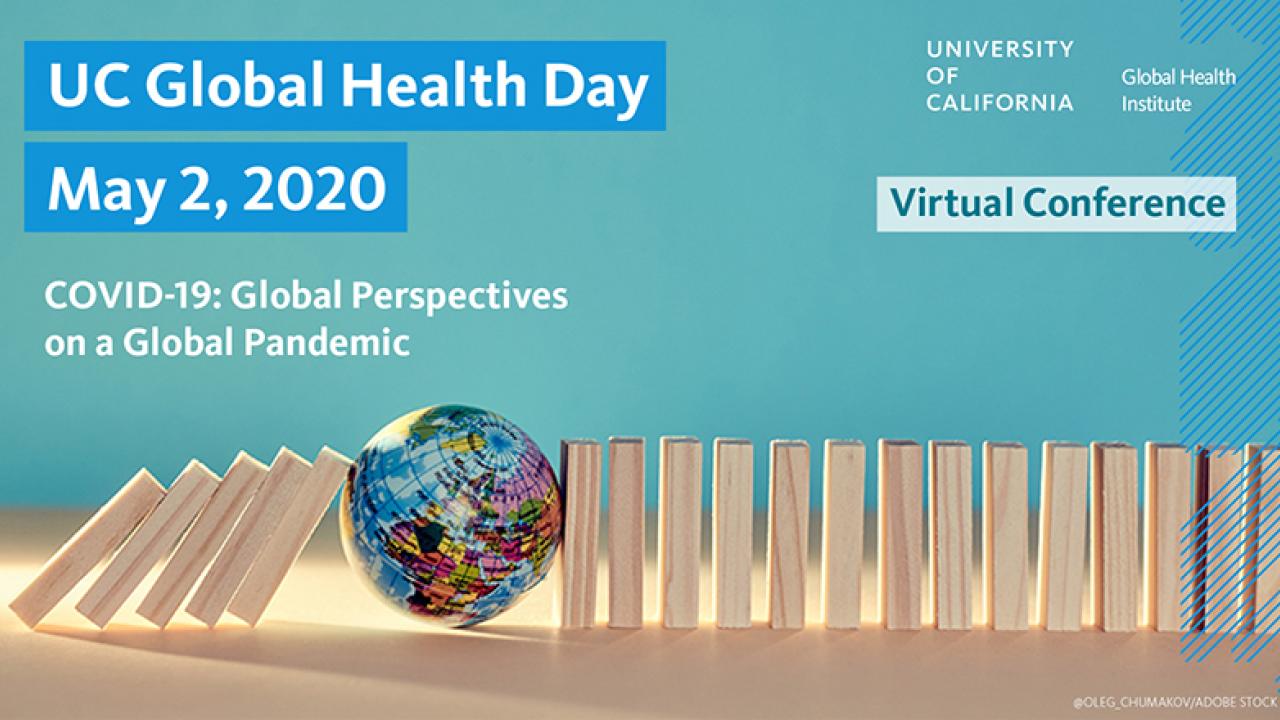 UC Global Health Day event info with tiles knocking down a globe