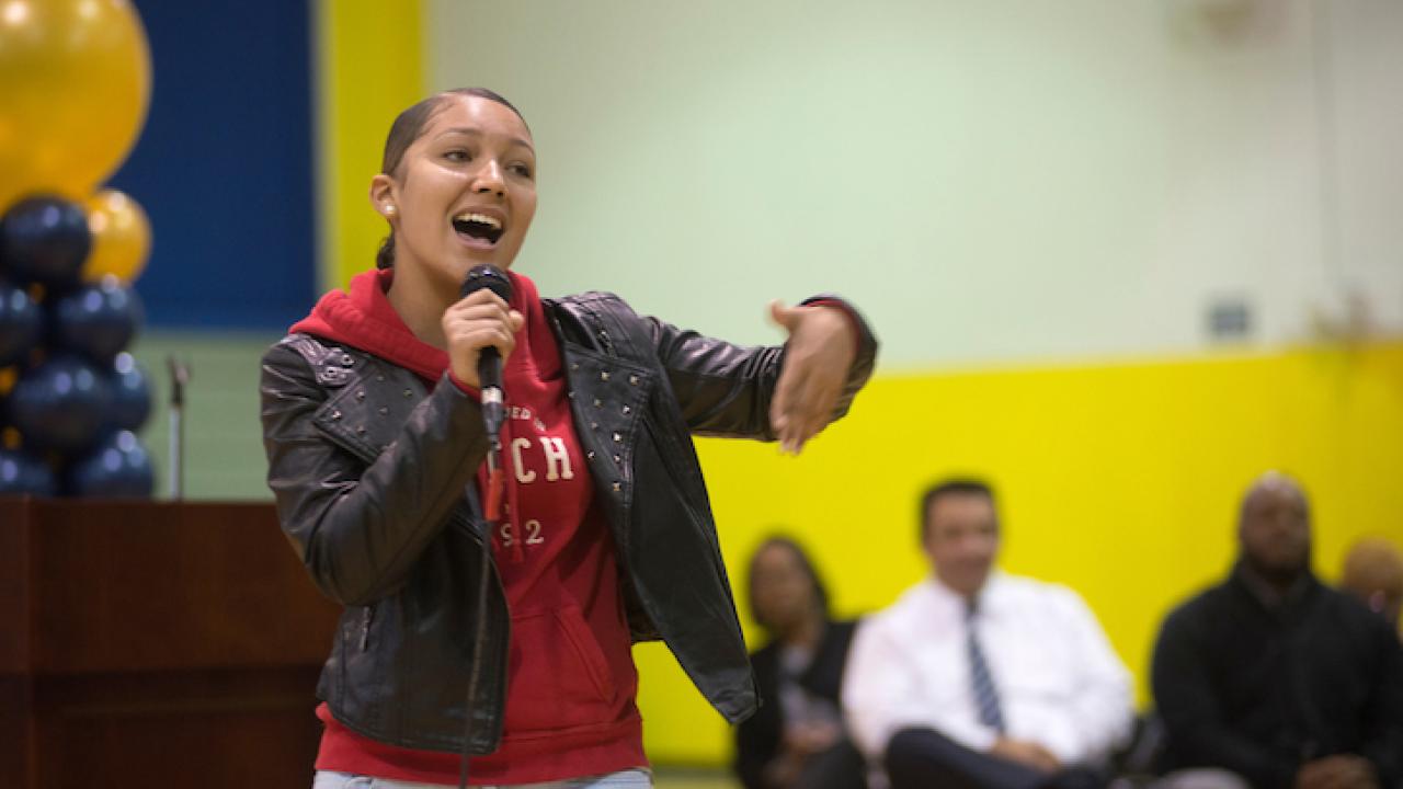 A SAYS performer at a high school assembly