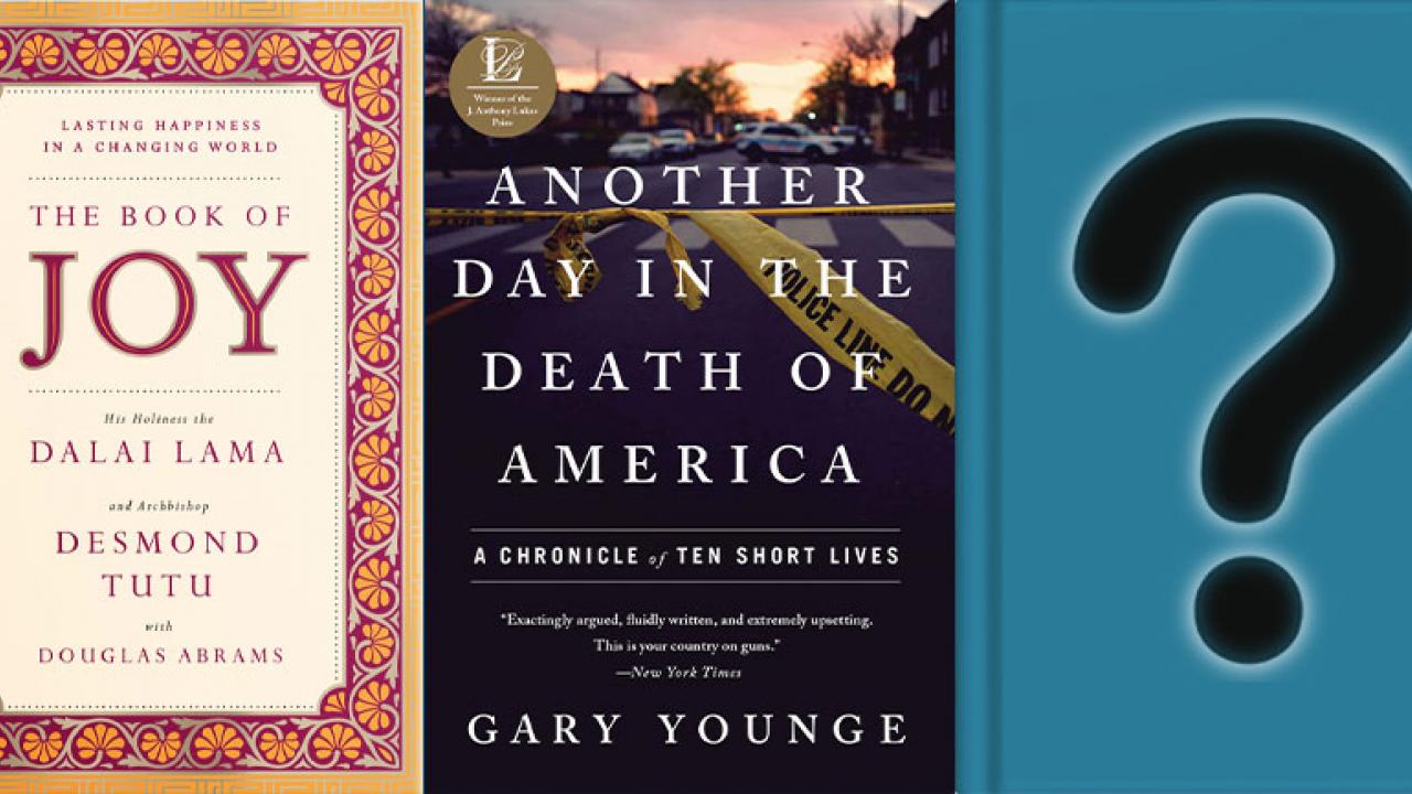 3 book covers: "The Book of Joy," "Another Day in the death of America" and question mark