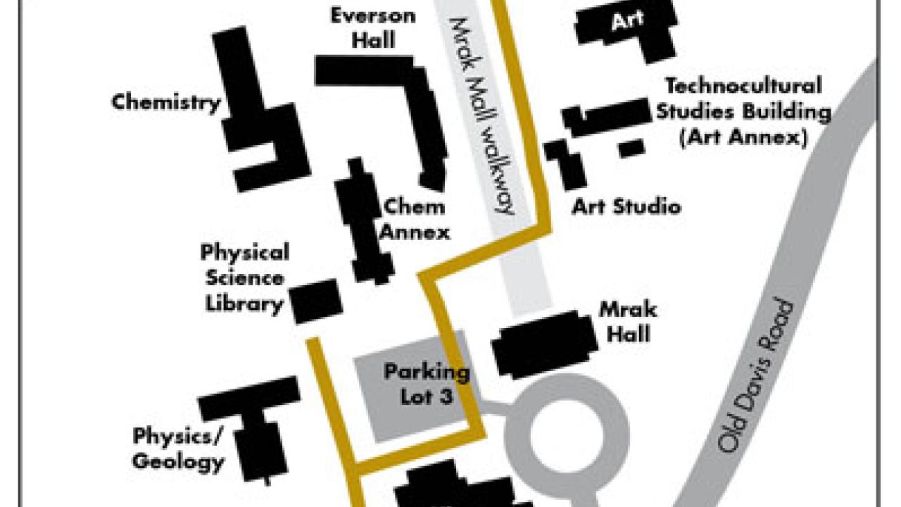 Construction zone, looking south from Shields Library down the Mrak Mall walkway; and project map