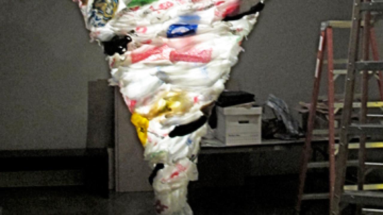 Photos (2): Tornado made from 1,000 plastic bags, and samples of reusable bags
