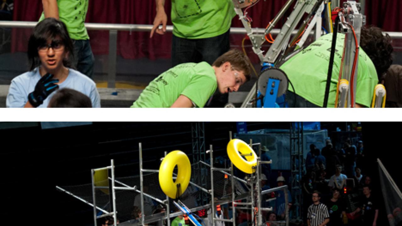 Photos (2): Citrus Circuits team members and their robot in action.