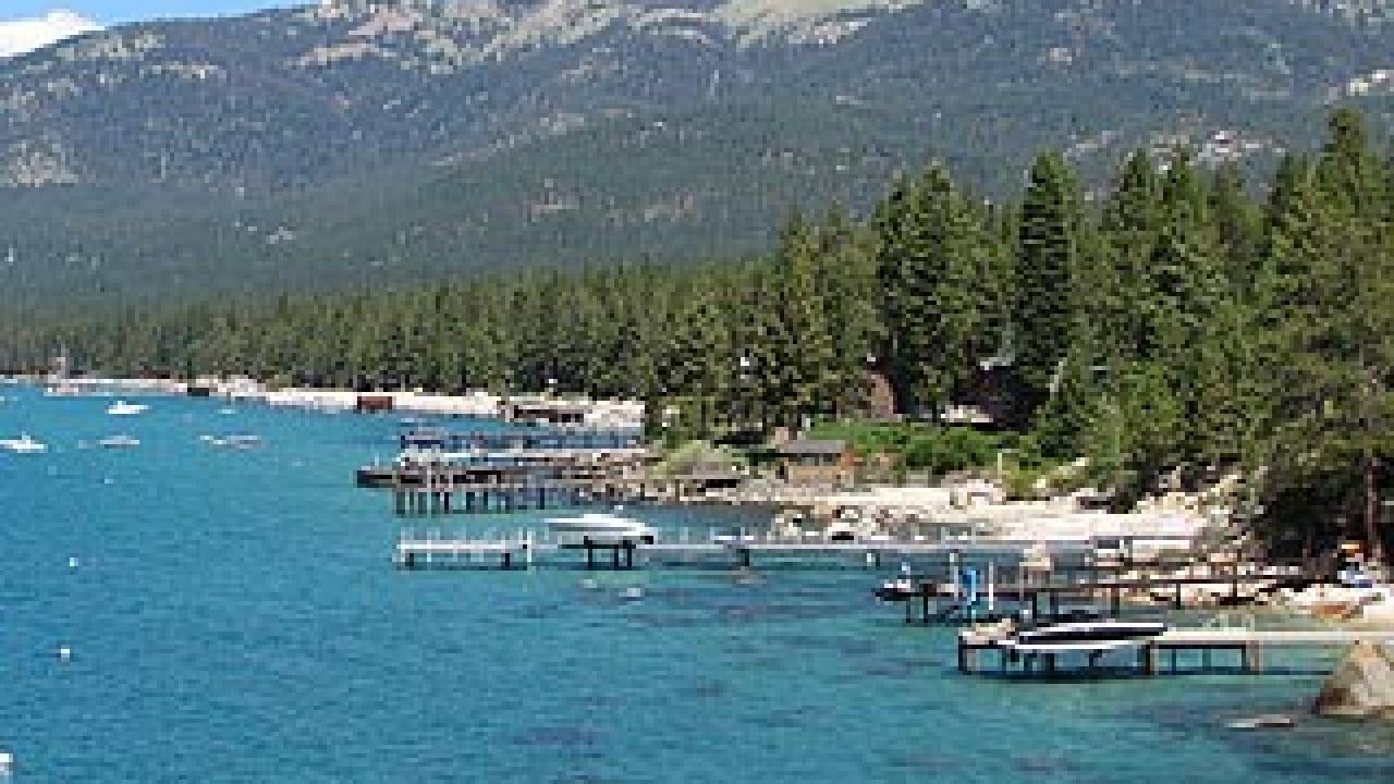 Shoreline with boat docks at Lake Tahoe