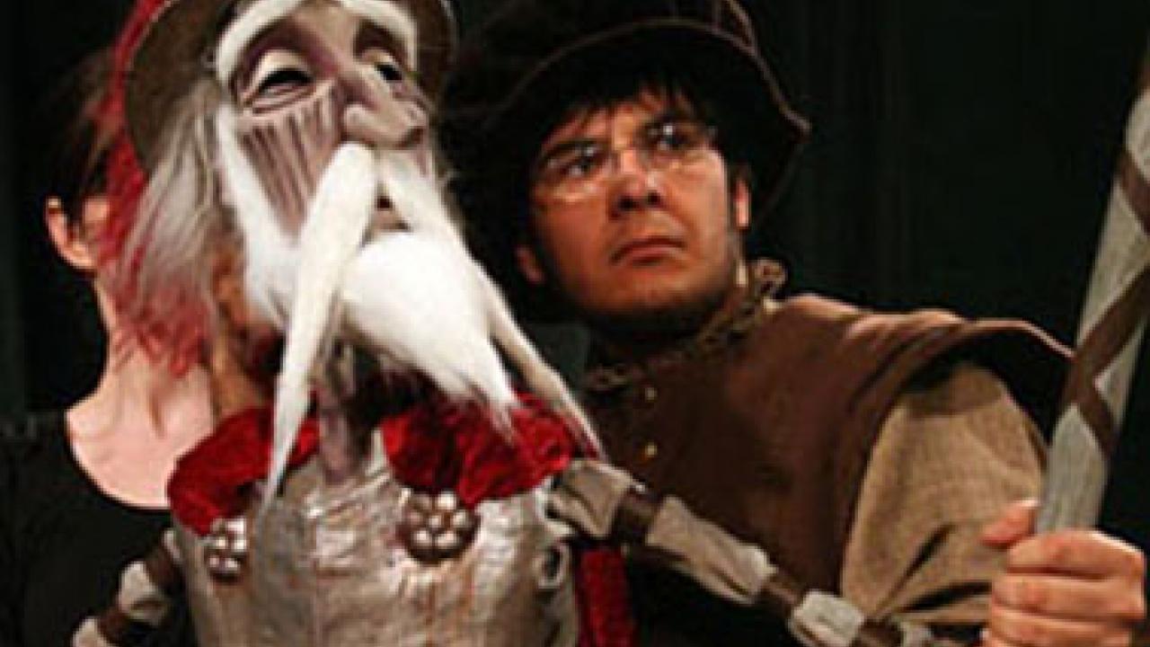 Don Quixote the puppet and Don Quixote the actor, Mario Castro Martinez, and behind the puppet is Kate Cryan, one of the puppeteers.