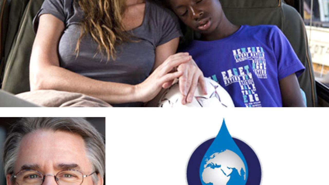 Photos (2) and graphic: Connie Nielsen and Simon Larsen in "Lost in Africa", GSM Dean Steven C. Currall and the Human Needs Project logo