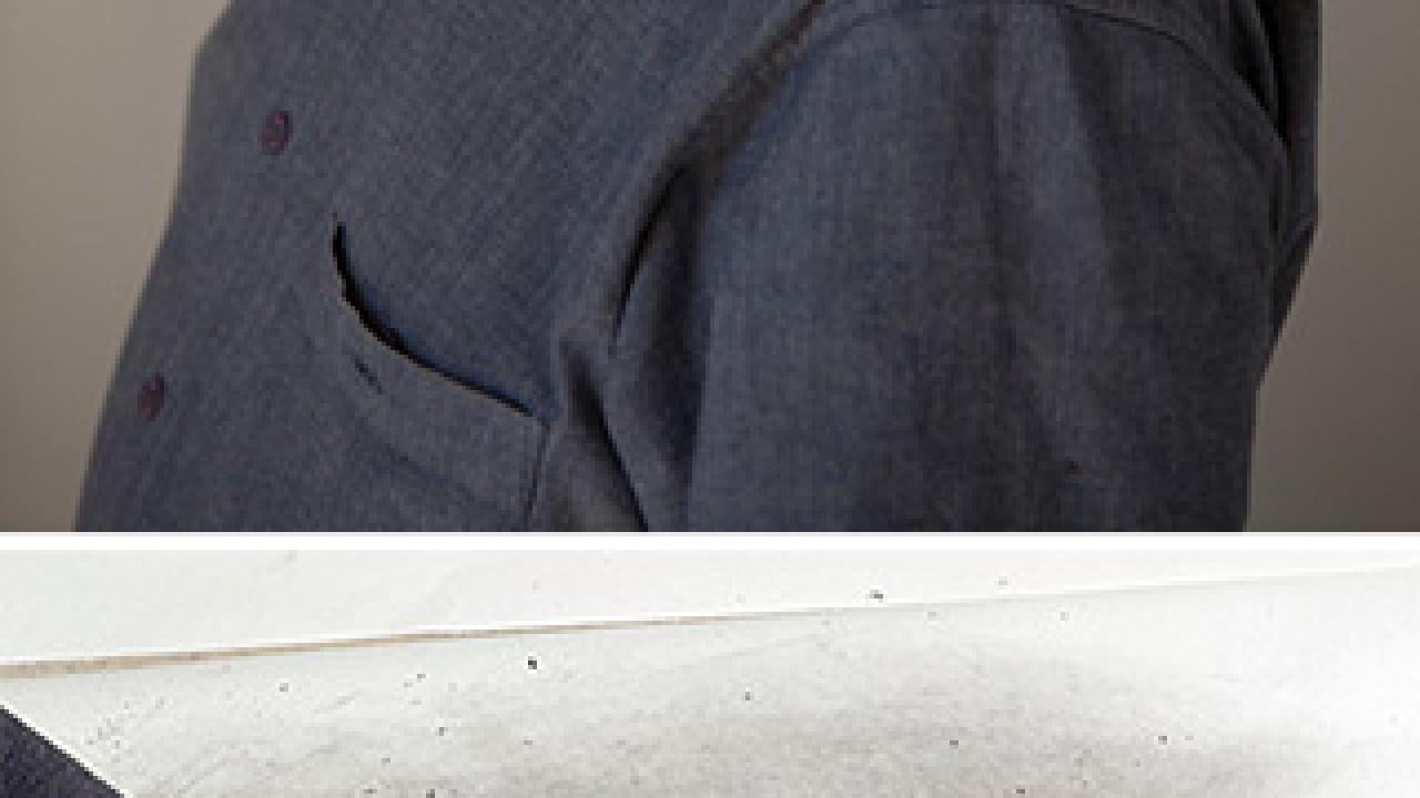 Photograph of man with mask, photograph of woman's arms and hands wearing blue gloves