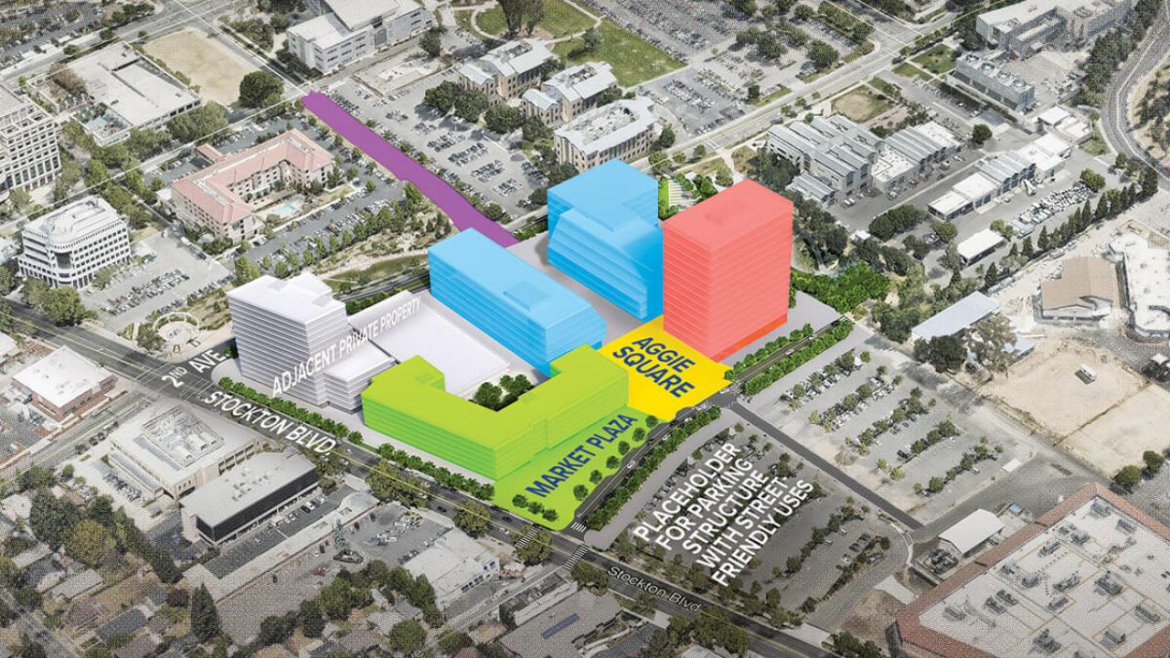 A rendering showing the layout of Aggie Square.