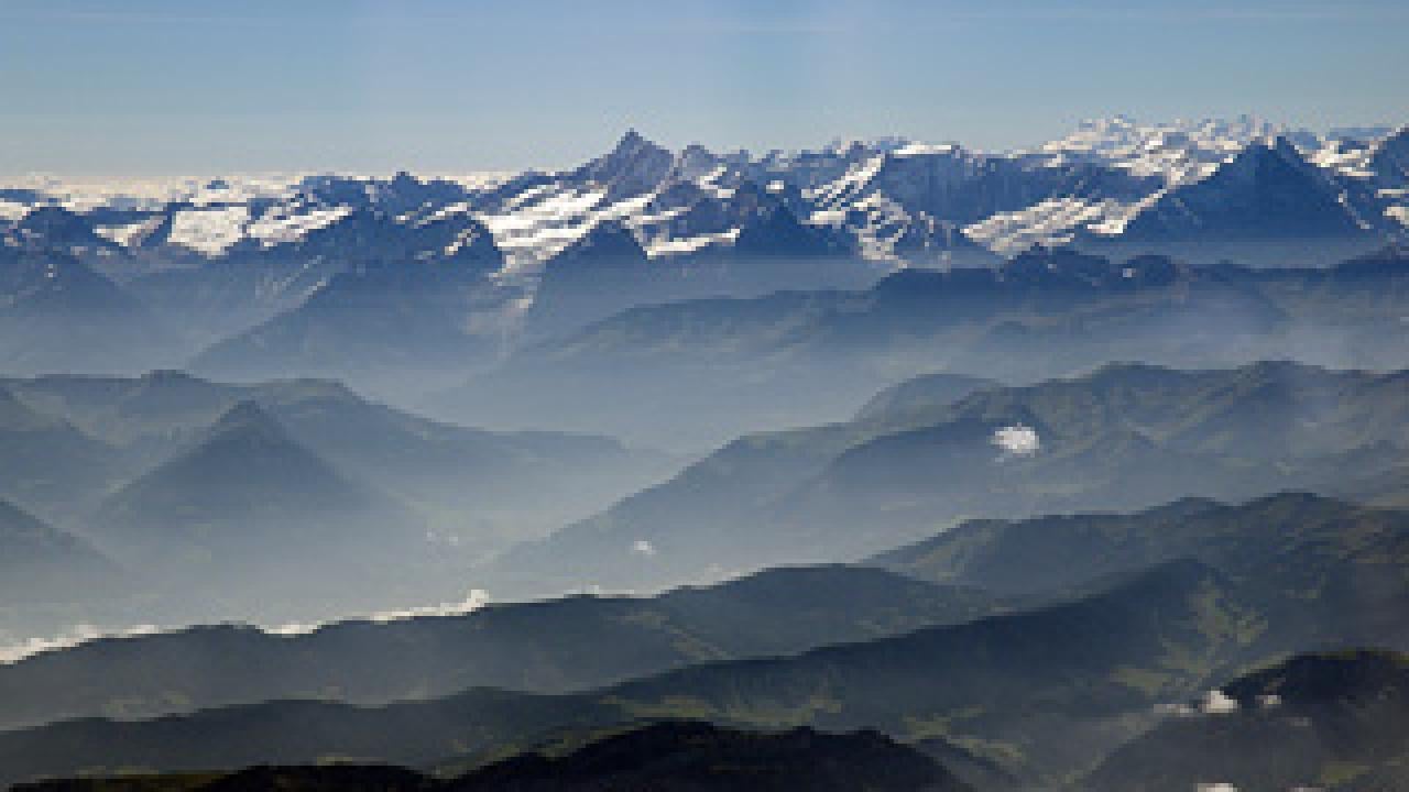 Landscape view of the snow-covered European alps 