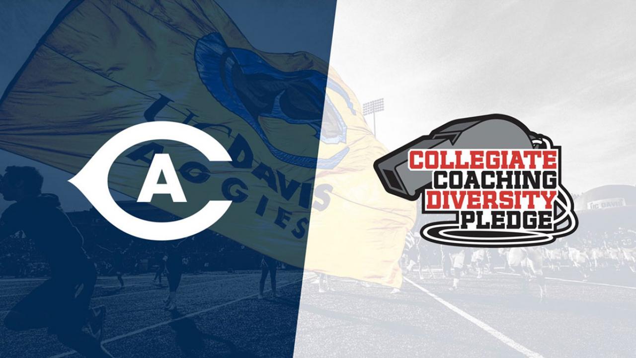 Athletics "CA" logo adjacent to Collegiate Coaching Diversity Pledge logo, with the title superimposed atop a whistle.