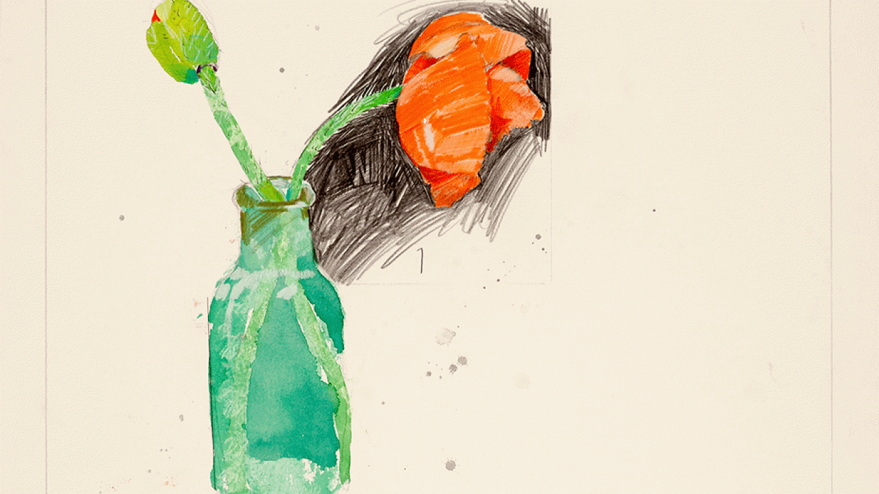 Rick Bartow art on paper: poppy and bud in glass bottle (cropped)