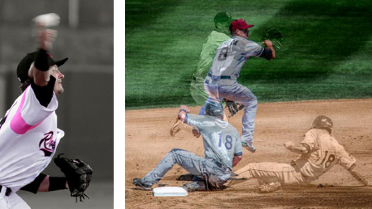 Photos (2): Pitcher Josh Donaldson; and two photos, one on top of the other, of Grant Green making a play at second base, all by Charles V. McDonald