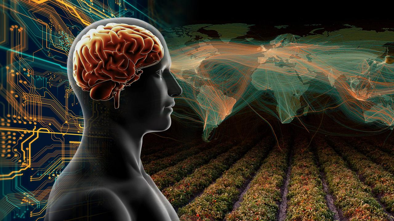 Big Ideas graphic shows brain, world map, row crop, digital equipment..