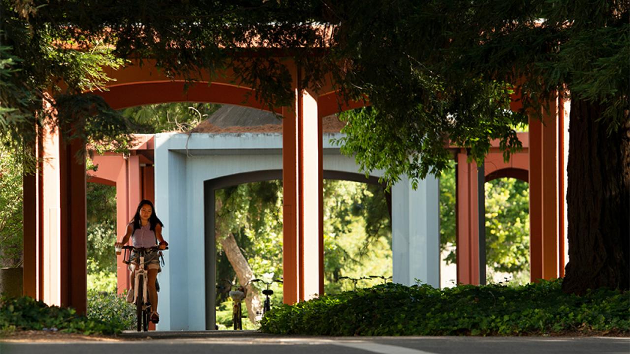 A female student on bike rides near Wright Hall