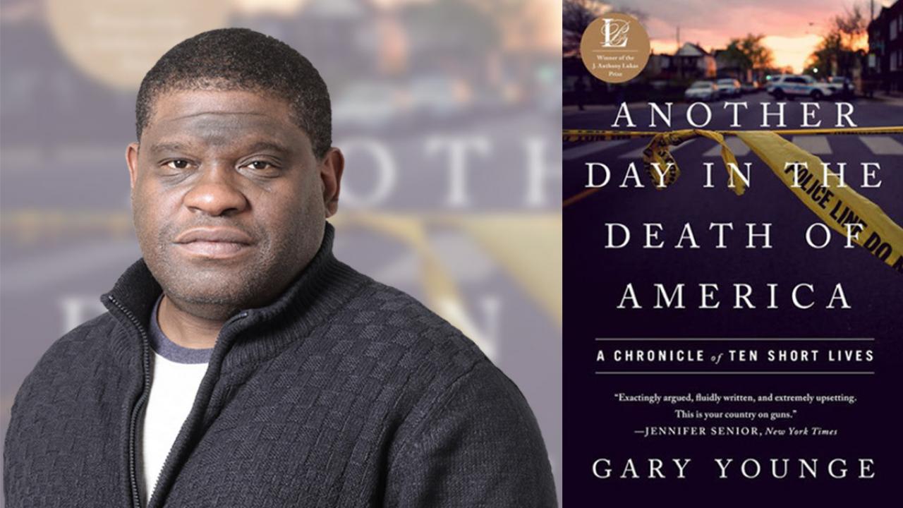 Photo of Gary Younge with cover of his book, Another Day in the Death of America: A Chronicle of Ten Short Lives.