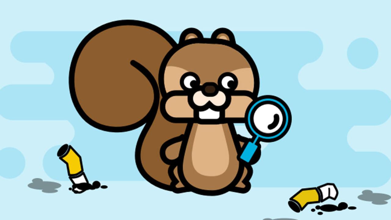 Drawing: Tracker, a squirrel, with magnifying glass, looking for cigarette butts (foreground)