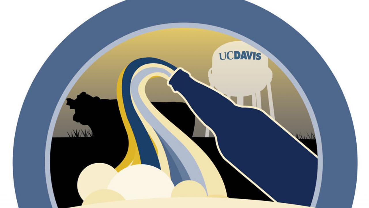 Staff and Faculty Brewing Competition logo (cropped), showing "blue and gold beer" pouring from bottle against backdrop of a cow
