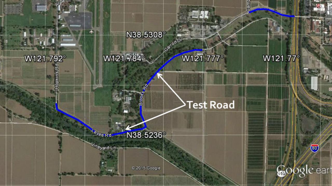 Google Maps image, with "test road" labeled