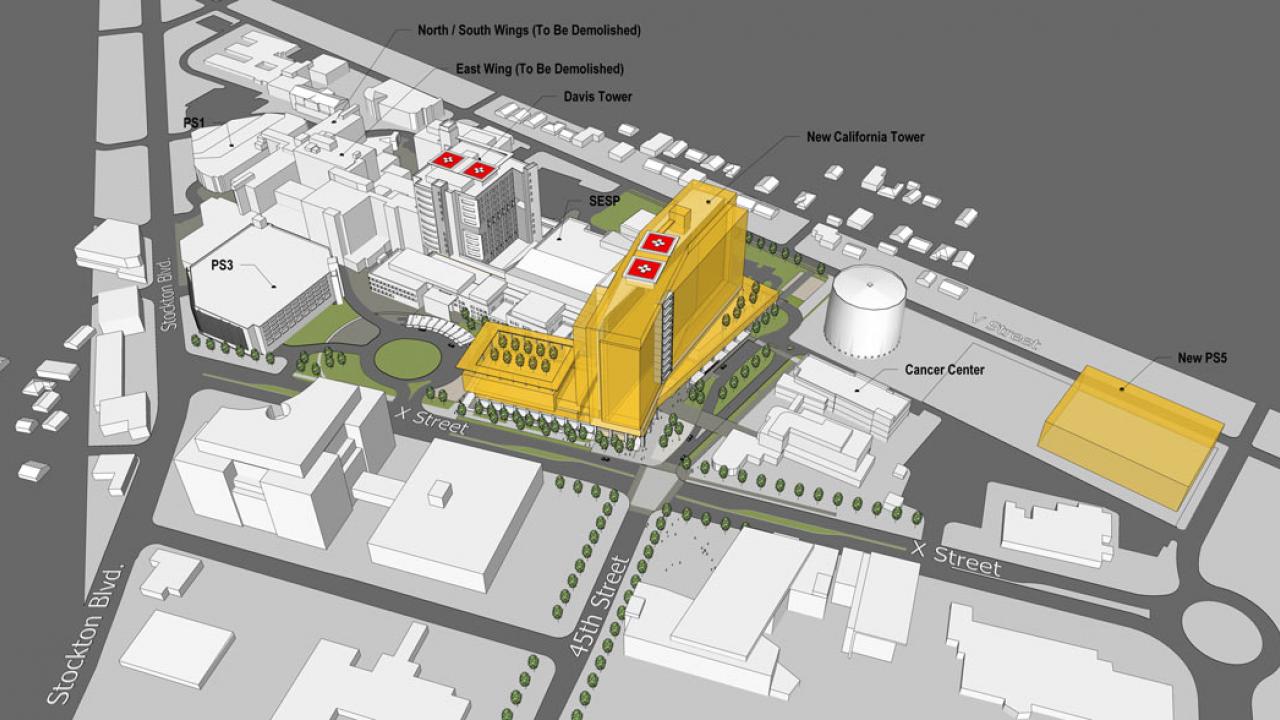 Rendering (created for illustration purposes only) shows new UC Davis Health tower and pavilion from the southeast..