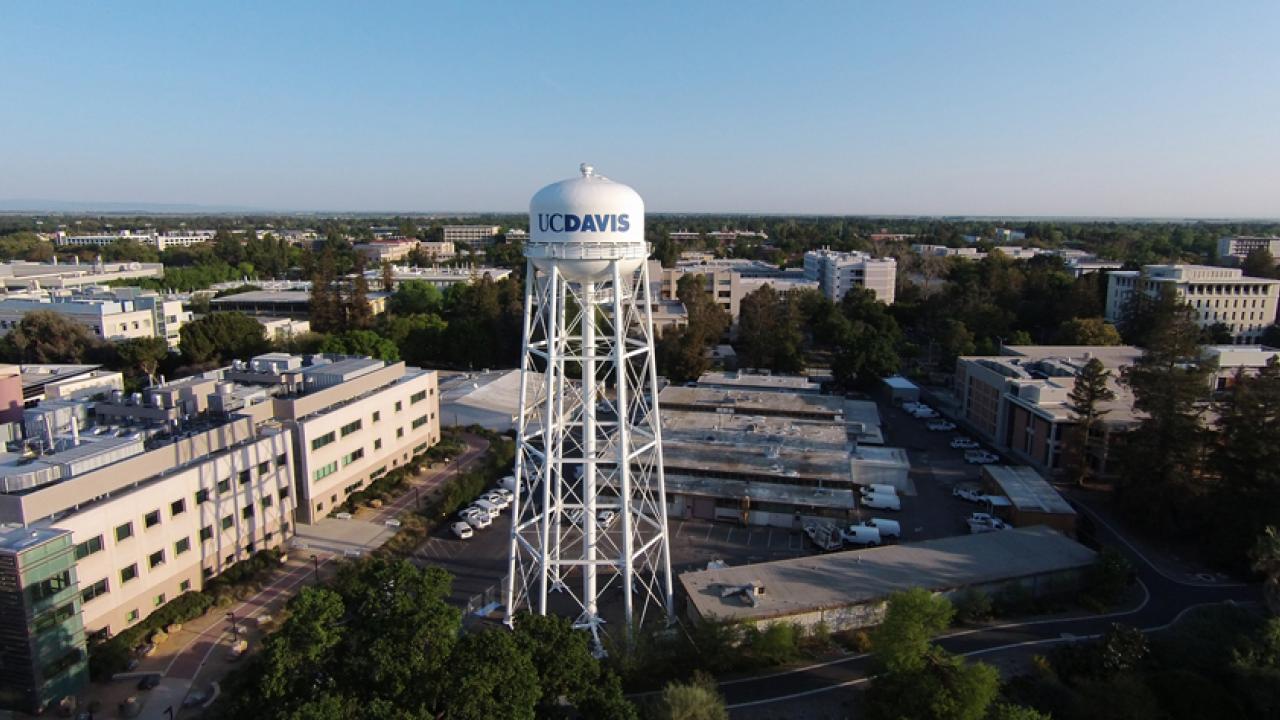 Aerial view of campus, including water tower
