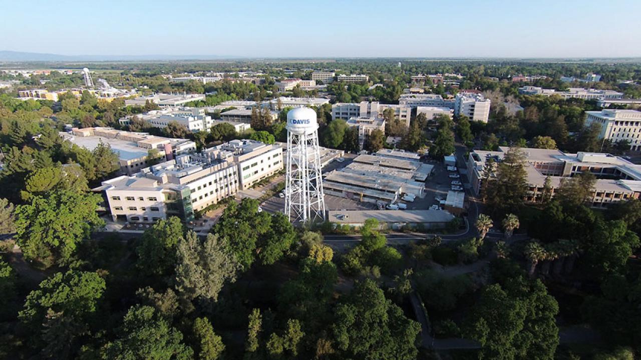 An overhead shot of the campus featuring the water tower