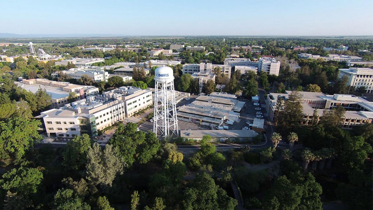 An aerial view of campus showing the water tower
