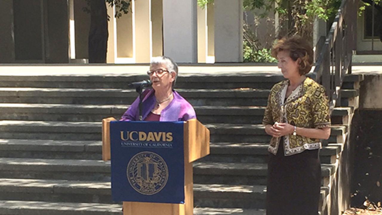 Photo: Alexandra Navrotsky, interim dean of Mathematical and Physical Sciences, at podium; Chancellor Katehi by her side